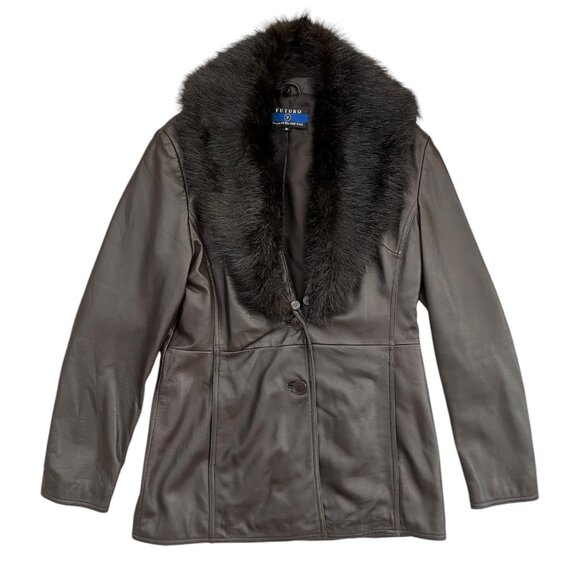 VIntage Mid Length Leather‎ Penny Lane Jacket Brown M Removable Faux Fur Collar - Picture 1 of 16